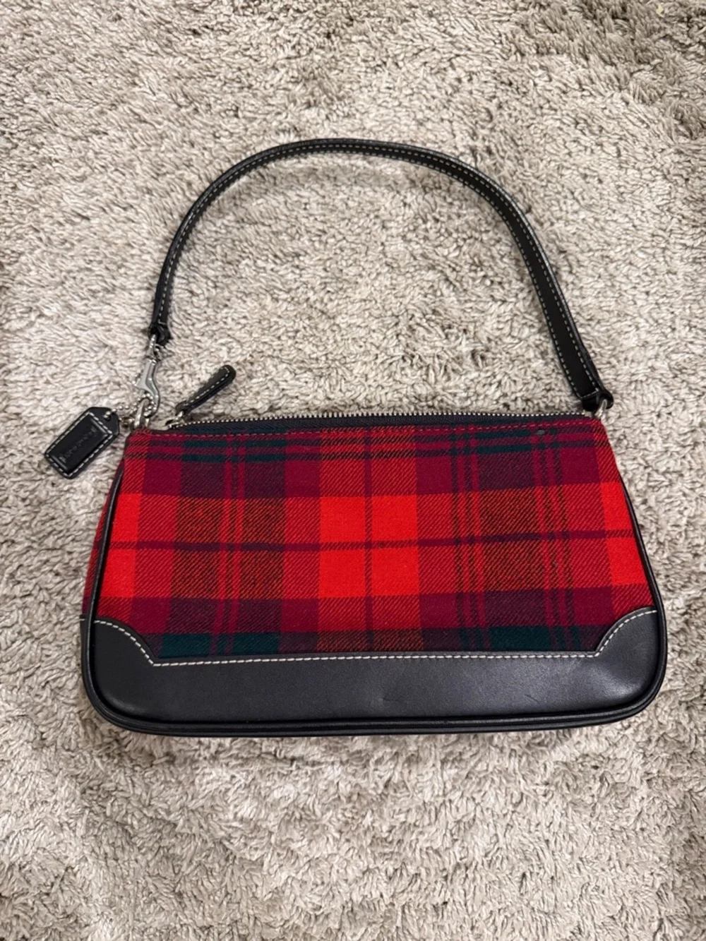 Coach Red Tartan Plaid Shoulder Bag with Black Trim